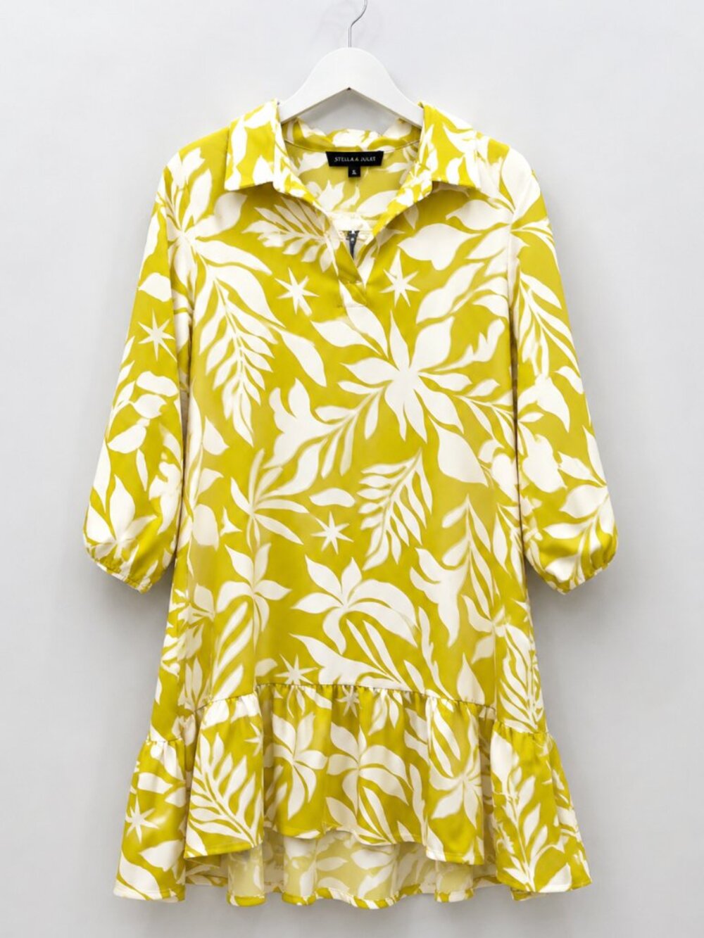 Lemon Yellow & White Floral Ruffle Hem Dress